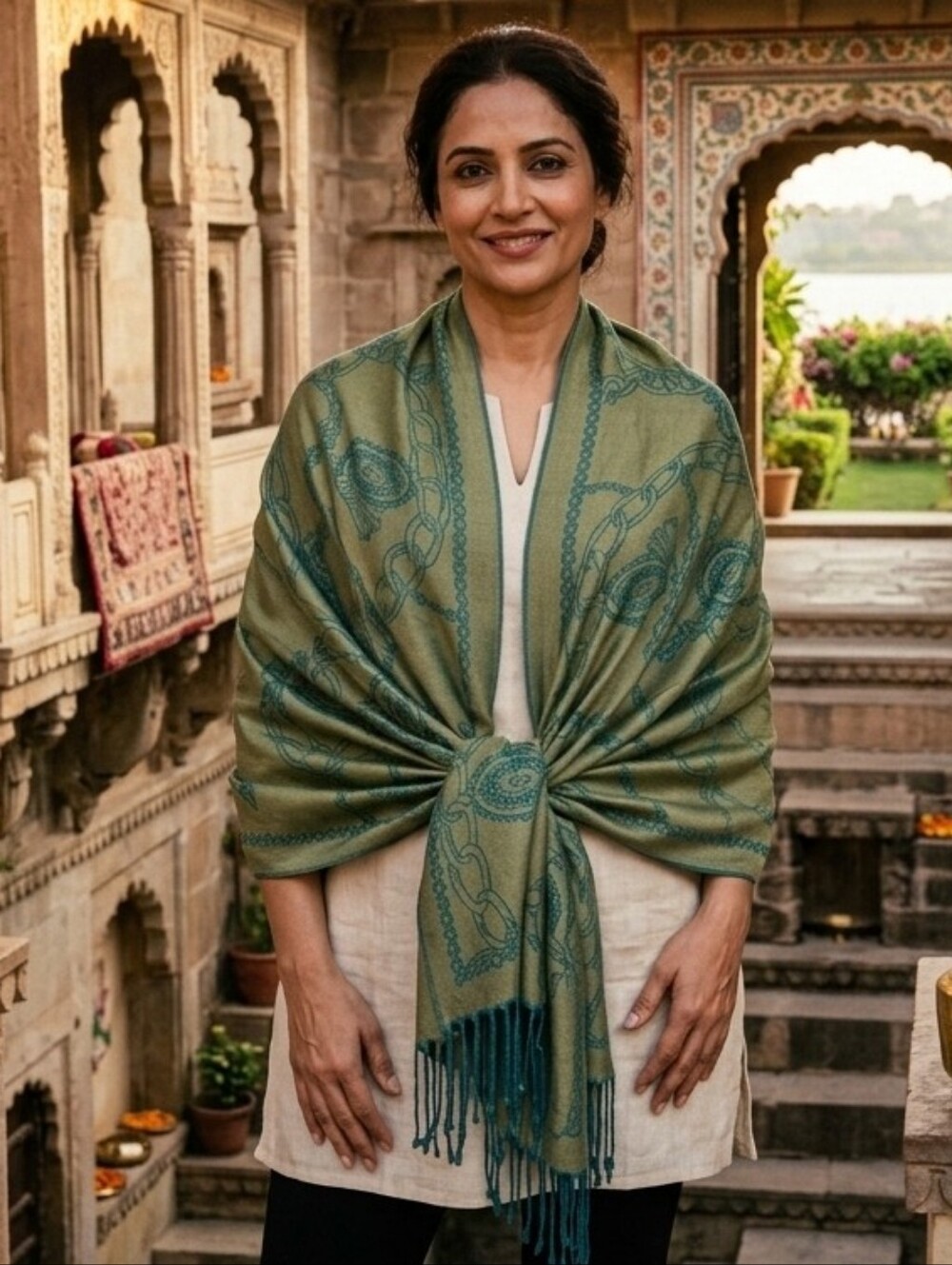 MAX ACCESSESORIES Green & Teal Chain Pattern Pashima Shawl